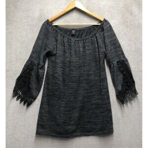 Lildy Tunic Top Size L-XL Gray Open Lace Sleeve Elastic Neckline